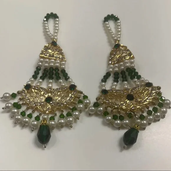 Eclectic Statement Kundan Style Indian Earrings Gold W/Green White Beads New - Picture 4 of 9